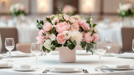 A beautifully arranged floral centerpiece in soft pink tones adorns a polished dining table, enhancing the elegance of the event setting.の素材