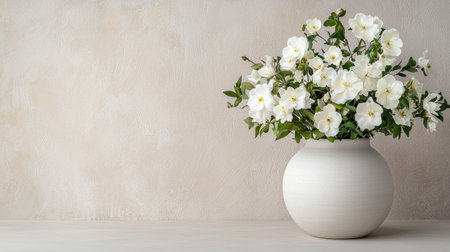 A simple, elegant arrangement of white flowers in a minimalist vase against a textured beige background.の素材