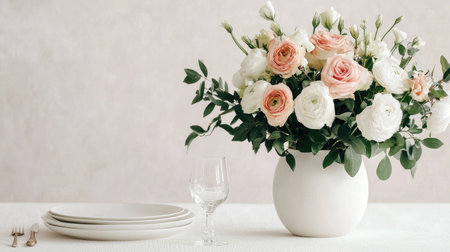 A beautiful arrangement of soft pink and white flowers in a vase, set on a table with elegant plates and a glass, creating a charming table setting.の素材
