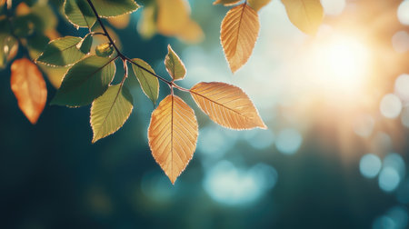 Sunlight filters through vibrant green leaves, creating a warm, tranquil atmosphere in a natural setting.の素材