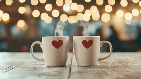 Two steaming cups of coffee with heart designs sit on a wooden table, illuminated by soft, glowing lights in the background, evoking warmth and love.の素材