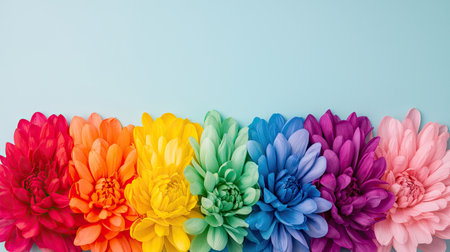 A vibrant arrangement of colorful flowers against a light blue background, showcasing a spectrum of hues from red to pink.の素材