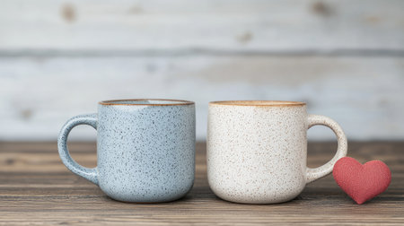 Two speckled mugs in blue and white sit on a wooden surface, accompanied by a small heart, symbolizing warmth and togetherness.の素材