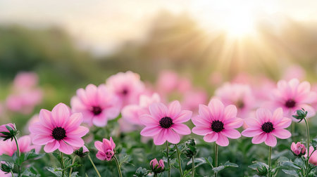 A vibrant field of pink flowers basking in sunlight, creating a serene and cheerful atmosphere, perfect for nature lovers.の素材