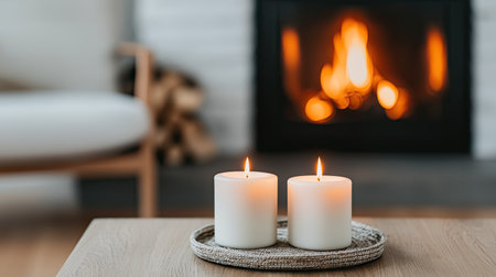 A cozy living room scene featuring two lit candles on a wooden table, with a warm fireplace glowing in the background.の素材