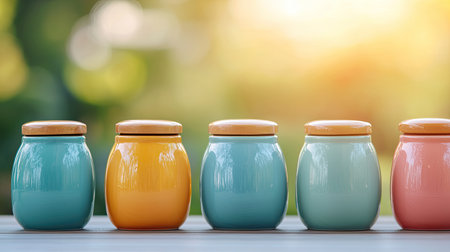 Five colorful jars with wooden lids arranged in a row, set against a softly blurred natural background, creating a serene and aesthetic atmosphere.の素材