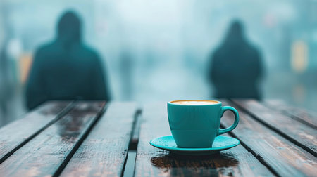 A serene coffee cup sits on a wooden table, with blurred figures in the background, creating a cozy, misty atmosphere.の素材