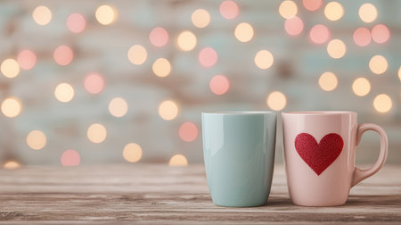 Two colorful mugs with a heart design sit on a wooden table, surrounded by soft bokeh lights, creating a cozy and romantic atmosphere.の素材