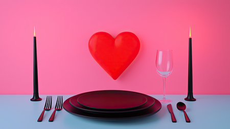 A romantic dinner setup featuring a heart decoration, elegant dinnerware, black candles, and a pink background, perfect for special occasions.の素材