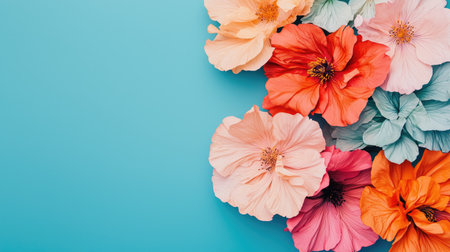 A vibrant arrangement of colorful flowers against a bright blue background, showcasing various blooms in shades of pink, orange, and turquoise.の素材