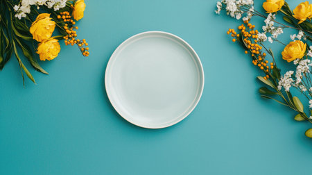 A minimalist plate surrounded by vibrant yellow flowers on a teal background, creating a fresh and inviting aesthetic.の素材