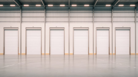 A spacious industrial warehouse interior with multiple white roll-up doors lined up against a clean, polished concrete floor.の素材
