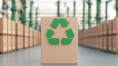 A cardboard box with a green recycling symbol stands in a warehouse aisle filled with neatly stacked packages, highlighting sustainability in packaging.の素材