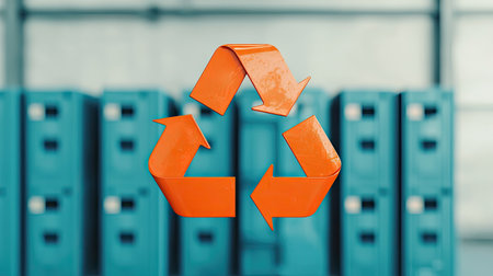 A vibrant recycling symbol in orange stands out against a backdrop of teal lockers, promoting sustainability and eco-friendly practices.の素材