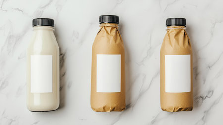 Three bottles of milk in a minimalist setting, featuring a white, beige, and brown design, each with a blank label, ideal for branding or product display.の素材