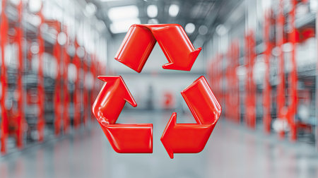 A bold red recycling symbol stands out in a warehouse setting, emphasizing sustainability and eco-friendly practices in an industrial environment.の素材