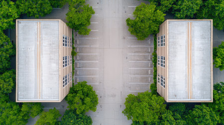 Aerial view of two buildings surrounded by trees, with an empty parking lot between them, highlighting symmetry and natural surroundings.の素材