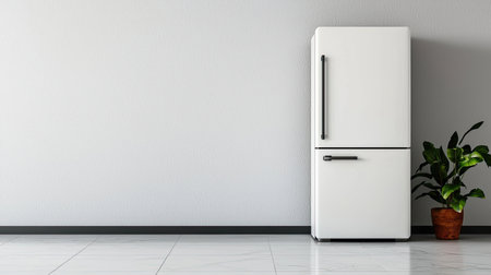 A minimalist kitchen scene featuring a white refrigerator against a plain wall, accompanied by a potted plant on the floor.の素材