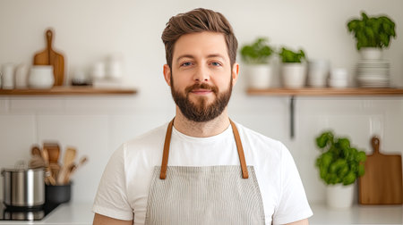 A smiling man in an apron stands in a bright kitchen, surrounded by green herbs and cooking utensils, exuding a warm and inviting atmosphere.の素材
