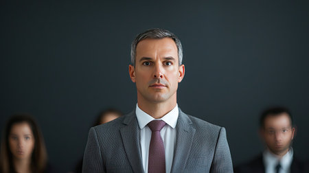 A professional man stands confidently in front of a group, exuding authority and focus against a dark backdrop.の素材