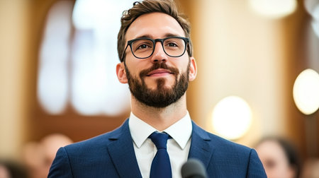 A confident man in a suit smiles during a formal event, showcasing professionalism and engagement in a well-lit setting.の素材