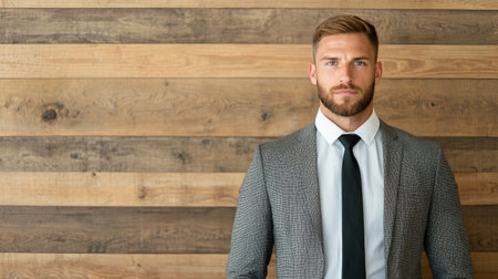 A professional man in a stylish suit stands confidently against a wooden wall, exuding a modern and sophisticated vibe.の素材