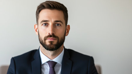 A professional-looking man in a suit poses confidently against a neutral background, exuding a modern and corporate vibe.の素材