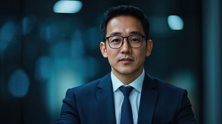 A professional man in a suit sits confidently, wearing glasses, with a modern office backdrop that suggests a corporate environment.の素材