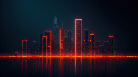 A futuristic city skyline illuminated by red lights, reflecting off a dark surface, creating a dramatic and modern ambiance.の素材