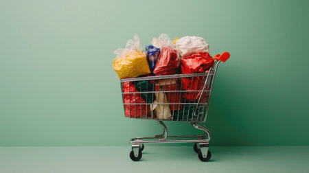 A shopping cart filled with colorful plastic bags, set against a pastel green background, creating a vibrant and playful atmosphere.の素材