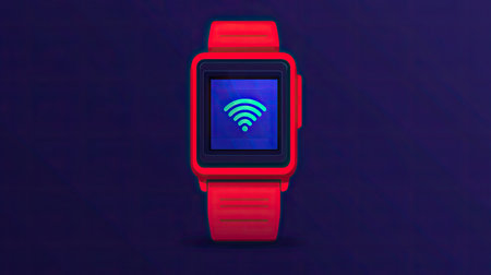 A vibrant red smartwatch displays a blue WiFi symbol, set against a dark background, highlighting its modern tech features.の素材