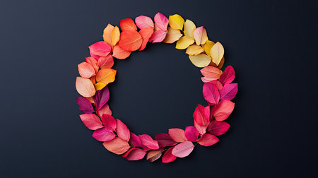 A circular arrangement of colorful leaves against a dark background, creating a vibrant and artistic display of natural beauty.の素材