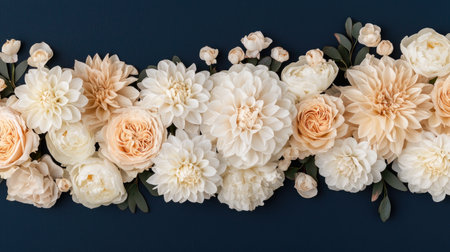 A beautiful arrangement of soft, pastel flowers against a dark blue background, showcasing intricate details and elegant shapes.の素材