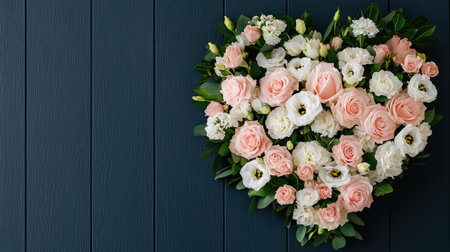 A heart-shaped arrangement of delicate pink and white flowers against a dark wooden background, symbolizing love and beauty.の素材