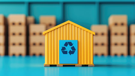 A vibrant yellow recycling shed stands in front of stacked boxes, emphasizing eco-friendliness and sustainability.の素材