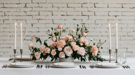 A beautifully arranged table featuring pink flowers, elegant candles, and white plates, set against a rustic brick wall.の素材
