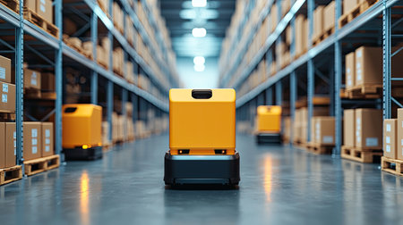 A warehouse scene featuring automated robots transporting boxes along aisles, showcasing modern logistics and efficient inventory management.の素材