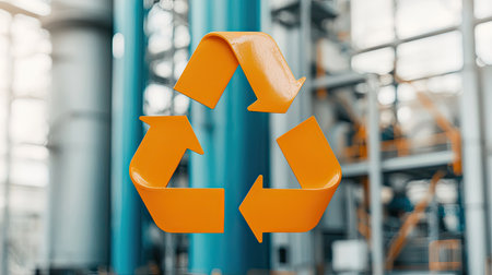A vibrant orange recycling symbol against an industrial background, emphasizing sustainability and environmental awareness in a modern setting.の素材