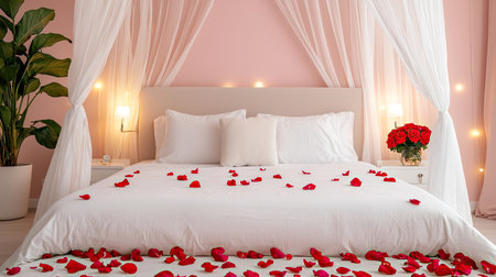 A cozy bedroom adorned with white bedding, rose petals, and a bouquet, creating a romantic atmosphere with soft lighting.の素材