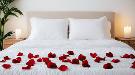 A romantic bedroom scene featuring a neatly made bed adorned with scattered red rose petals, creating an intimate and inviting atmosphere.の素材