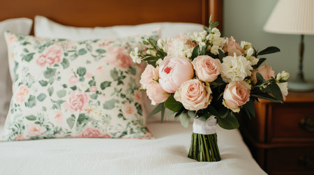 A beautiful bouquet of pink roses and white flowers sits on a bed adorned with a floral-patterned pillow, creating a serene and inviting atmosphere.の素材