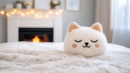 A cozy scene featuring a fluffy cat-shaped pillow on a soft blanket, with a warm fireplace and soft lighting in the background.の素材