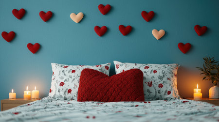 A cozy bedroom featuring a heart-themed decor, with candles, a floral bedspread, and a vibrant blue wall adorned with felt hearts.の素材