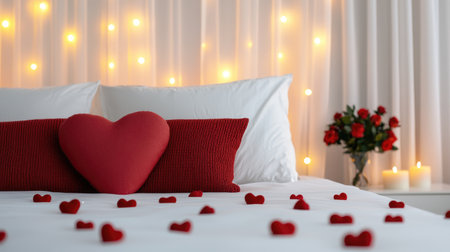 A romantic bedroom setting featuring heart-shaped decorations, soft lighting, and a bouquet of roses, perfect for special occasions or intimate moments.の素材