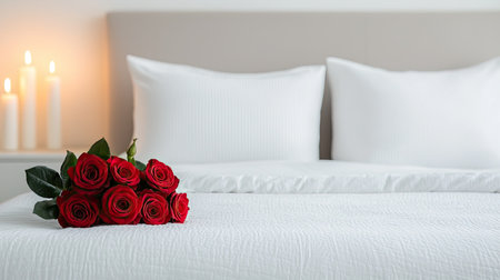A romantic arrangement of red roses on a neatly made bed, complemented by soft white pillows and glowing candles in the background.の素材