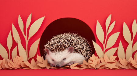 A cute hedgehog resting inside a decorative opening against a vibrant red background, surrounded by stylized leaves and foliage.の素材