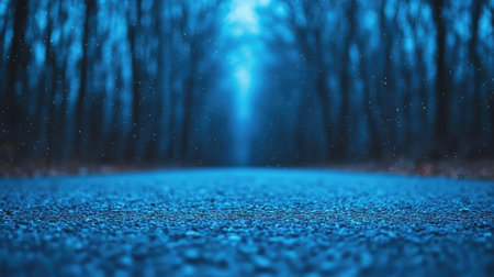 A tranquil, misty pathway through a dark, blue-toned forest, evoking a sense of mystery and calmness.の素材