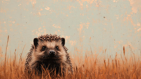 A curious hedgehog stands amidst tall grass, with a soft-focus background, highlighting its distinct spines and adorable features.の素材