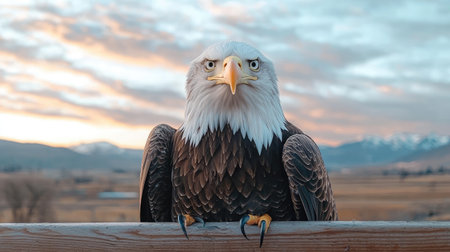 A majestic bald eagle stares directly at the camera, showcasing its striking features against a beautiful sunset background.の素材