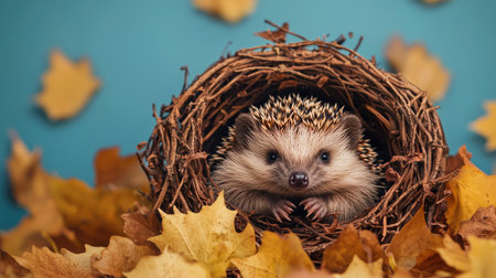 A cute hedgehog peeks out from its nest surrounded by autumn leaves, creating a cozy and vibrant scene.の素材